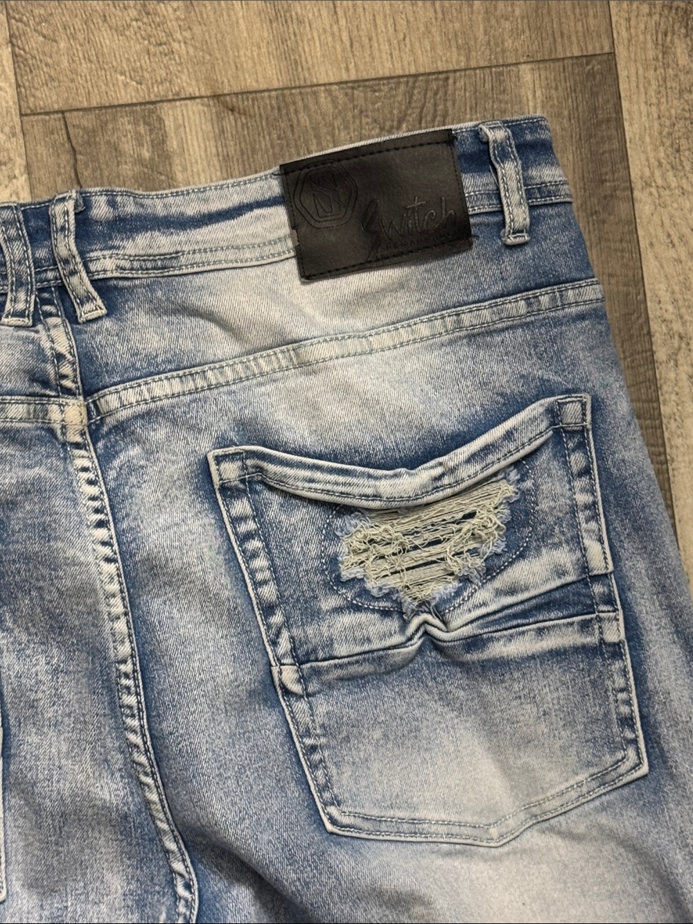 Men's Light Blue Skinny Distressed Jeans with Red Paint Detail - Picture 7 of 7